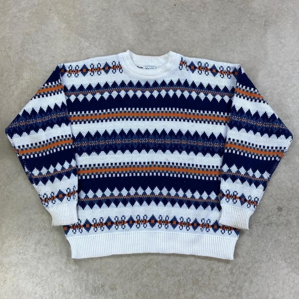 Vintage 90s Sears Striped Sweater Size Large White Geometric Boho Casual